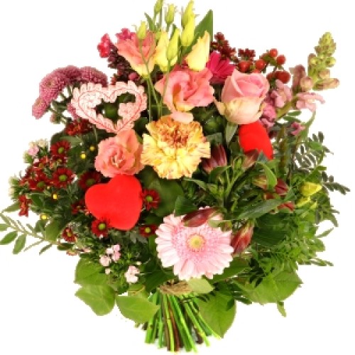 Romantic flowers pink - red (Romantic bouquet with romantic heart and red hearts)